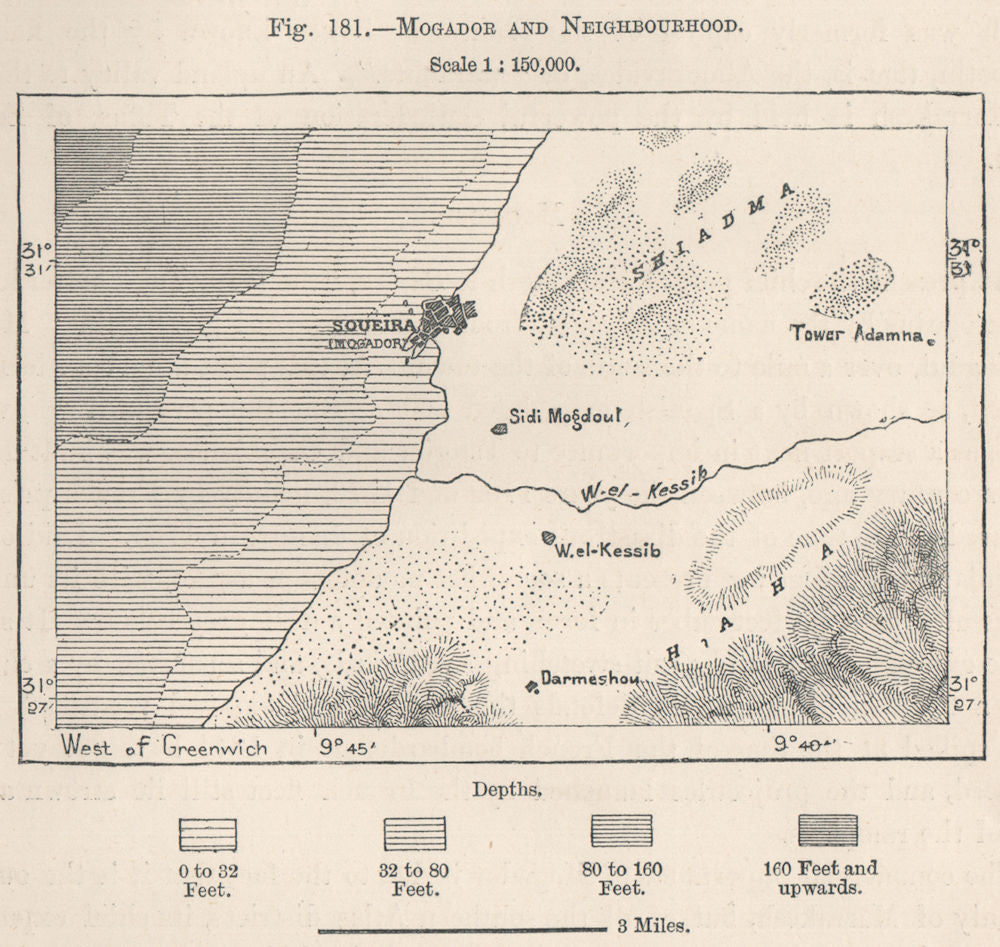 Mogador (Essaouira) and neighbourhood. Morocco 1885 old antique map plan chart